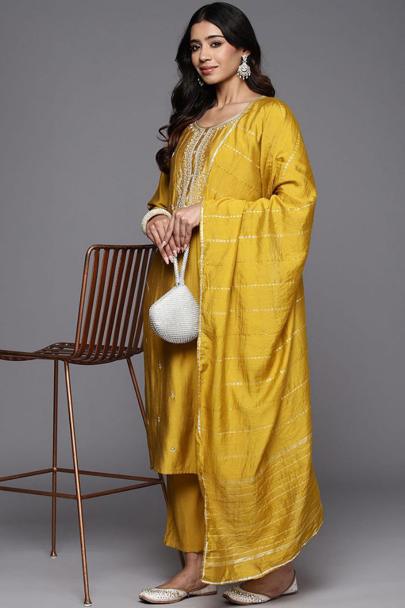 Elegant Mustard Yellow Embroidered Silk-Look Kurta Set with Dupatta & Trousers PR