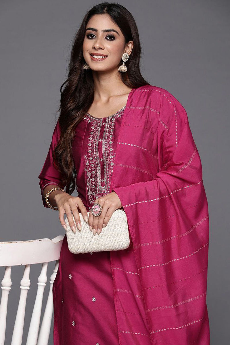 Pink Embroidered Silk-Look Kurta Set with Dupatta & Trousers PR