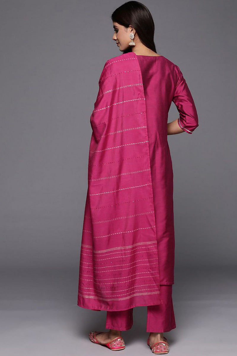 Pink Embroidered Silk-Look Kurta Set with Dupatta & Trousers PR