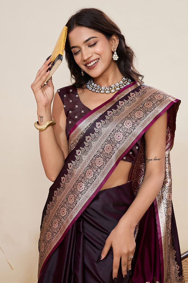 Elegant Coffee Banarasi Silk Saree with Zari Woven Border & Pallu PR