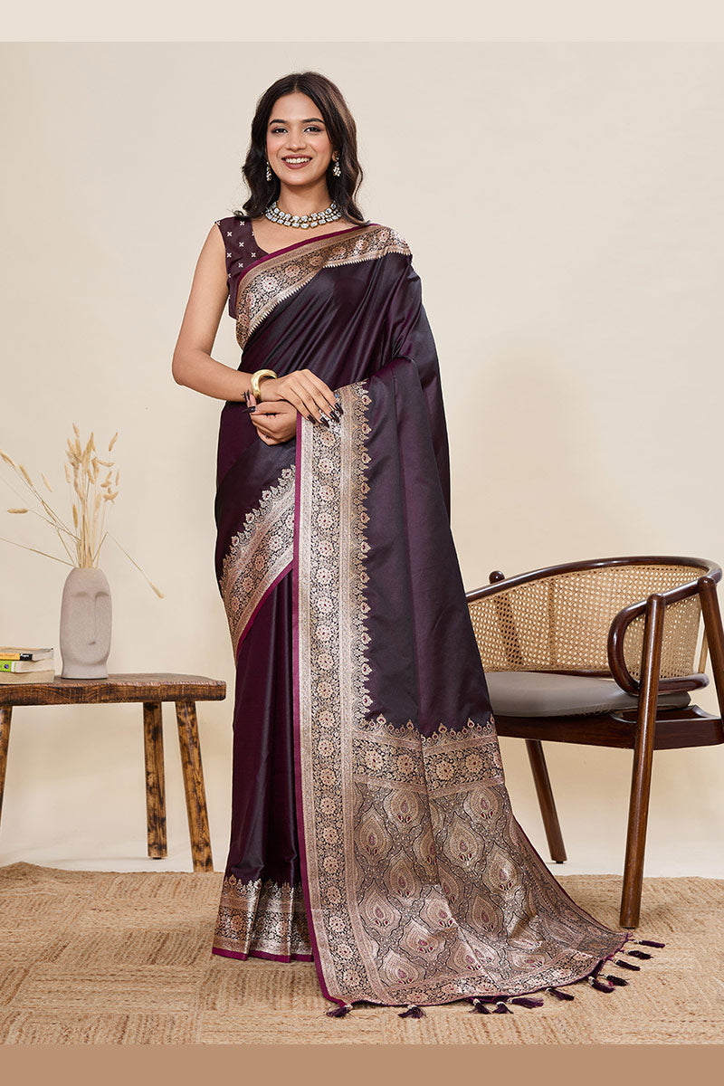 Elegant Coffee Banarasi Silk Saree with Zari Woven Border & Pallu PR
