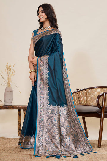 Designer Rama Green Banarasi Saree with Rich Zari Embroidery & Tasselled Pallu PR