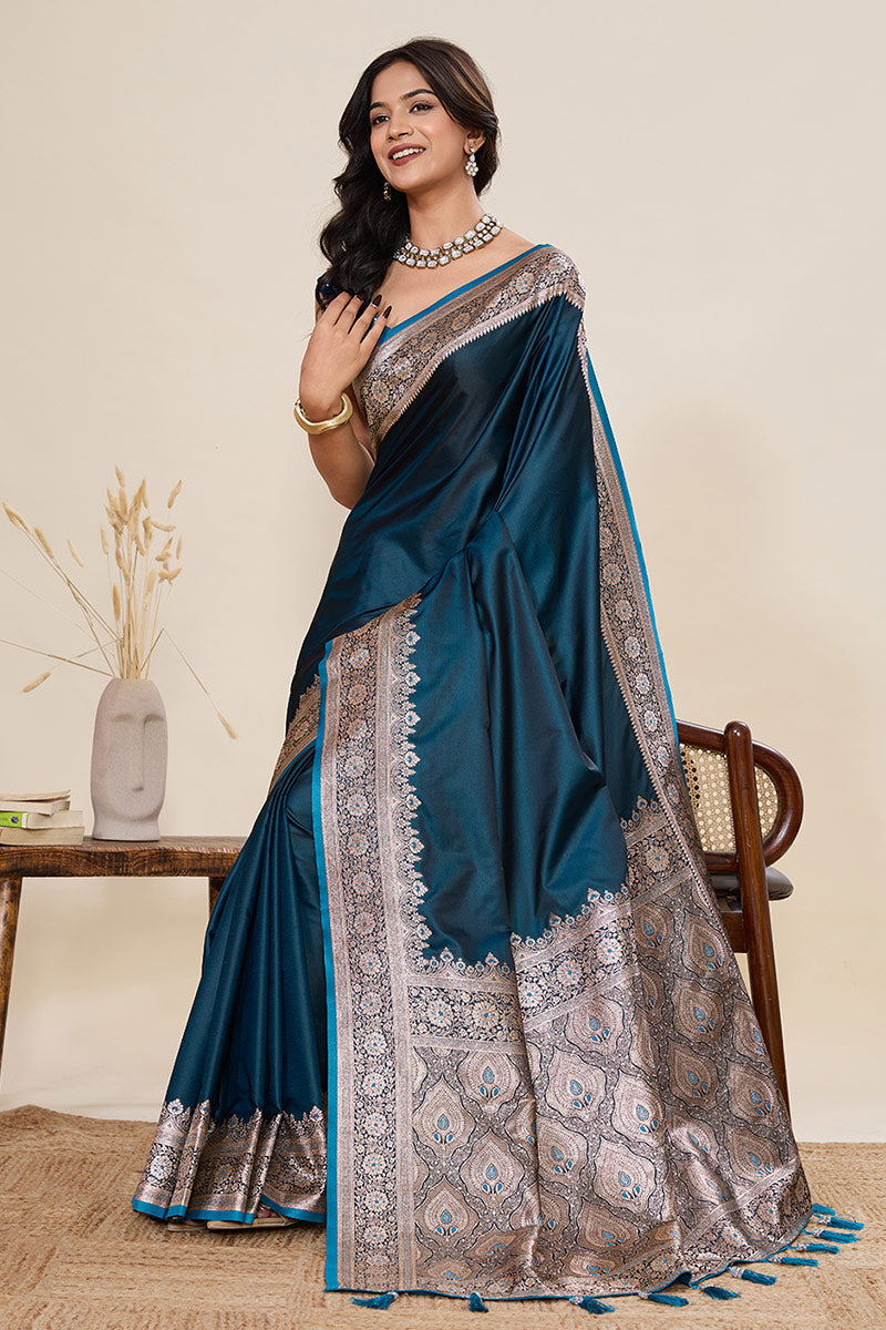 Designer Rama Green Banarasi Saree with Rich Zari Embroidery & Tasselled Pallu PR