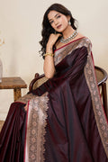 Elegant Deep Brown Banarasi Silk Saree Featuring Zari Woven Detailing PR