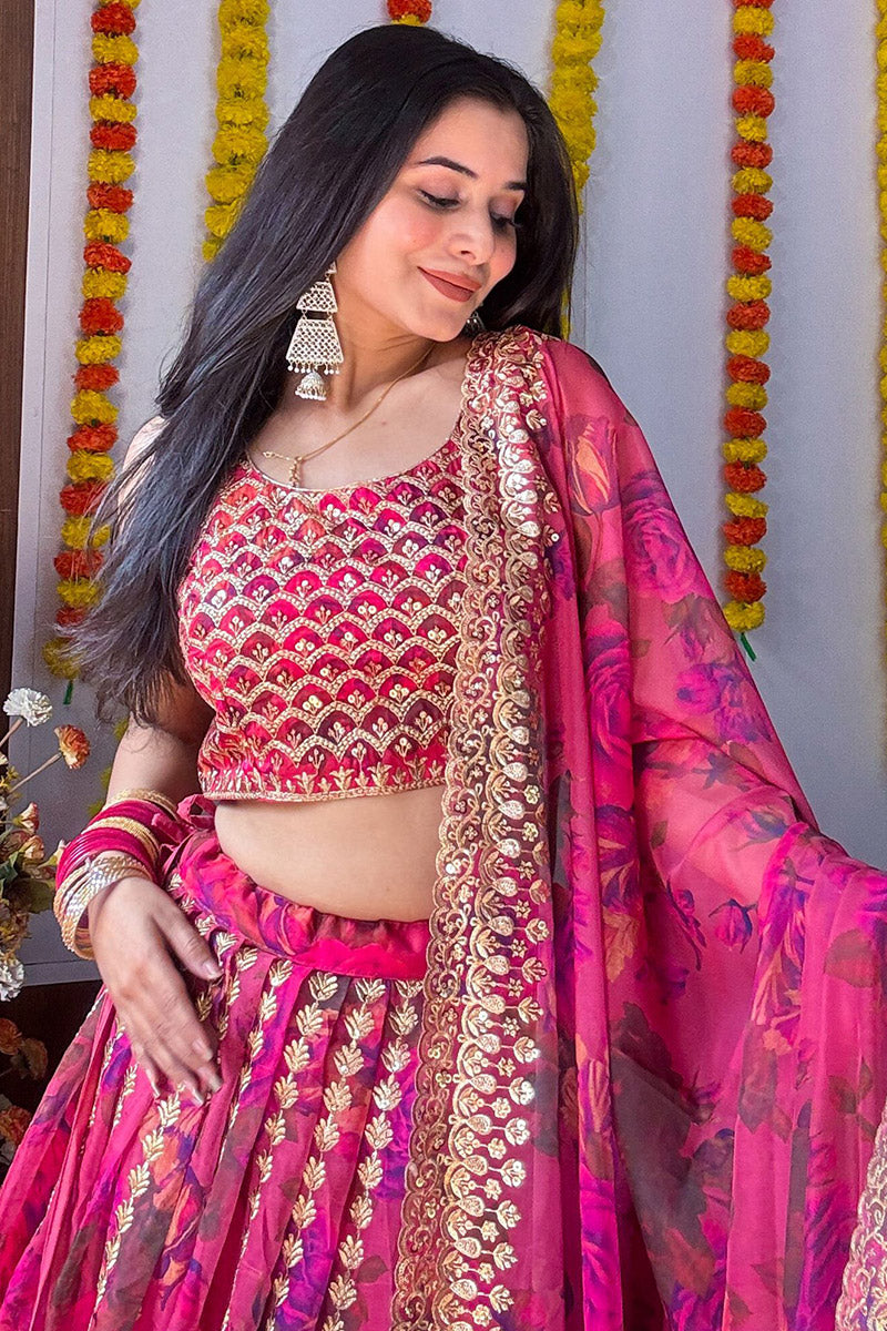 Rani Pink Organza Lehenga Set – Floral Embroidery & Dupatta PR