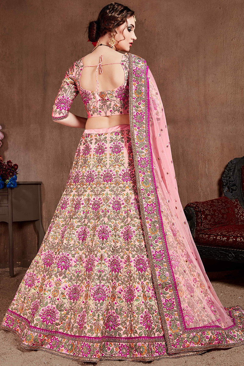 Embroidered Light Pink Silk Lehenga Set with Mirror & Sequin Detailing PR