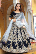 Reception Wear Velvet Navy Blue Lehenga Set with Embroidery Work PR