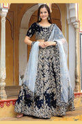 Reception Wear Velvet Navy Blue Lehenga Set with Embroidery Work PR