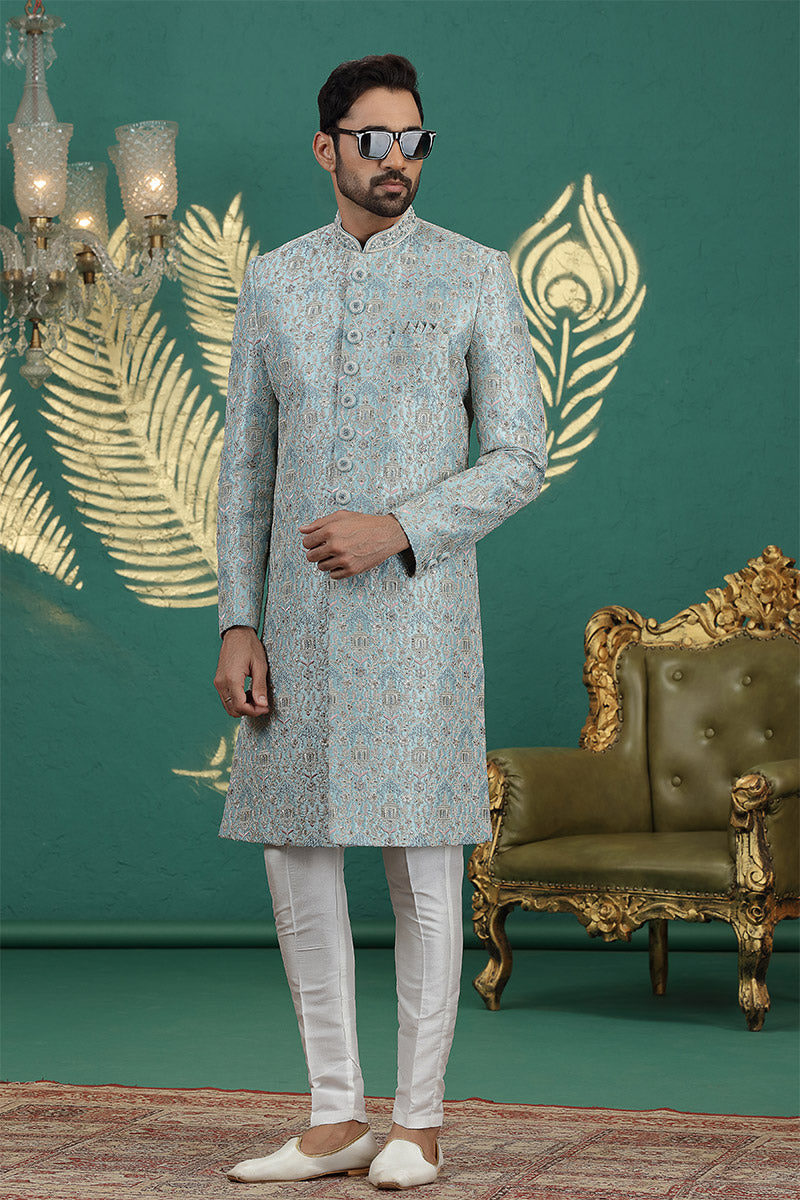Men’s Firozi Sherwani with Churidar – Embroidered Ethnic Wedding Suit PR