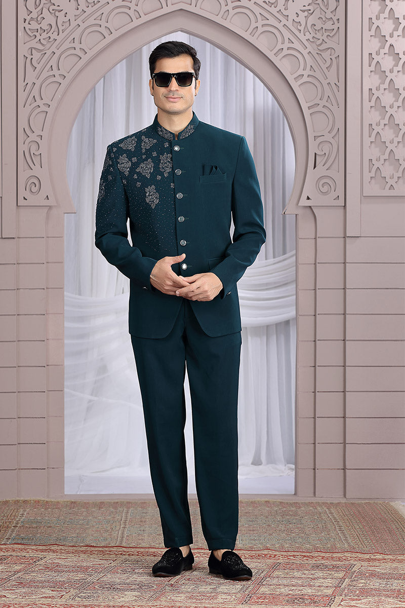 Dark Teal Indo-Western Suit for Men – Embellished Formal Ethnic Wear PR