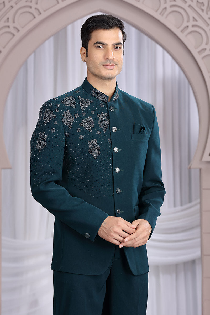 Dark Teal Indo-Western Suit for Men – Embellished Formal Ethnic Wear PR