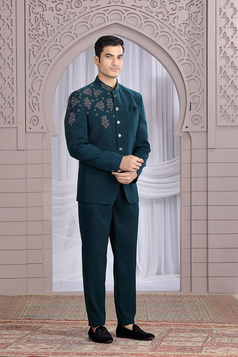Dark Teal Indo-Western Suit for Men – Embellished Formal Ethnic Wear PR