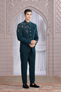 Dark Teal Indo-Western Suit for Men – Embellished Formal Ethnic Wear PR