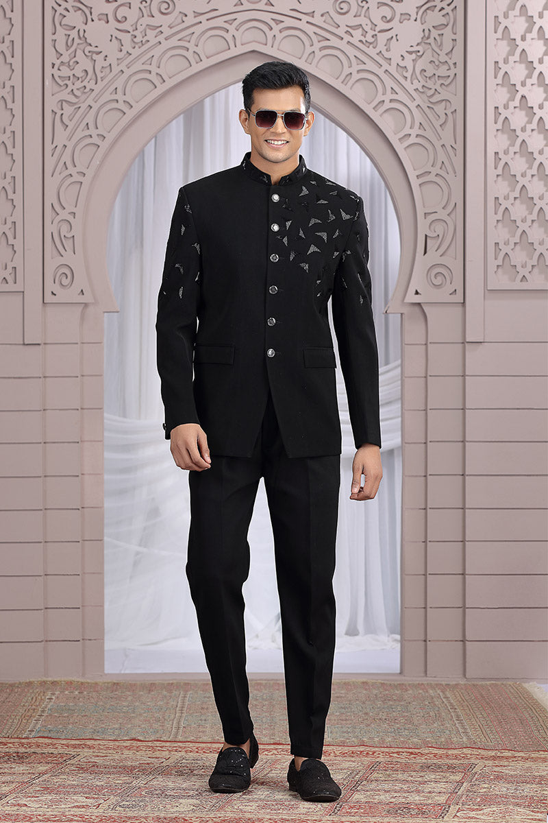 Embroidered Indo-Western Suit in Black – Modern Ethnic Outfit for Men PR