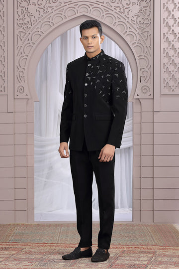 Embroidered Indo-Western Suit in Black – Modern Ethnic Outfit for Men PR