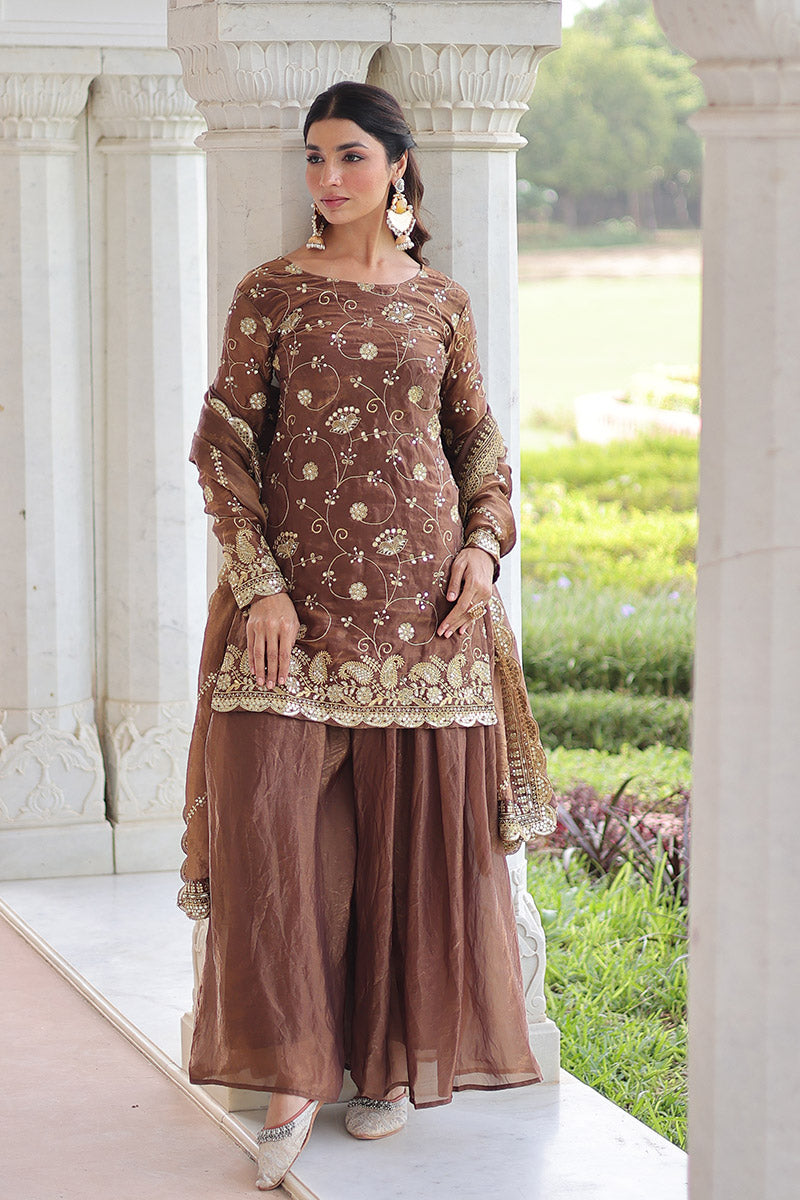 Coffee Embroidered Sharara Set — Women’s Ethnic Wear RTI