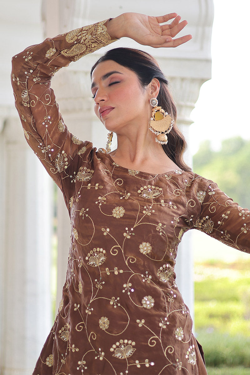 Coffee Embroidered Sharara Set — Women’s Ethnic Wear RTI