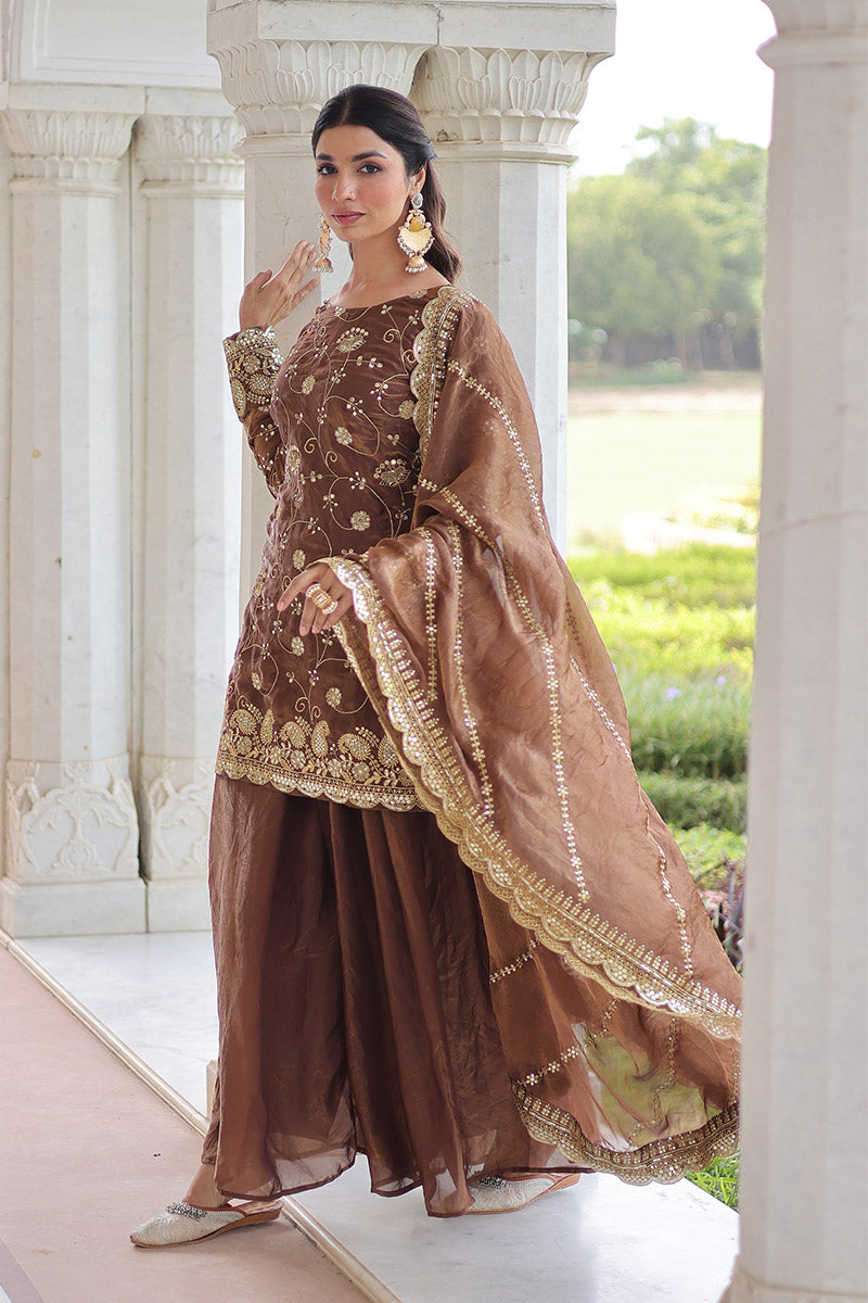 Coffee Embroidered Sharara Set — Women’s Ethnic Wear RTI