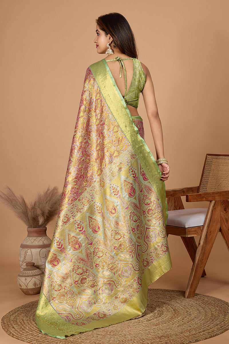 Pista Green & Pink Banarasi Saree – Timeless Ethnic Elegance PR