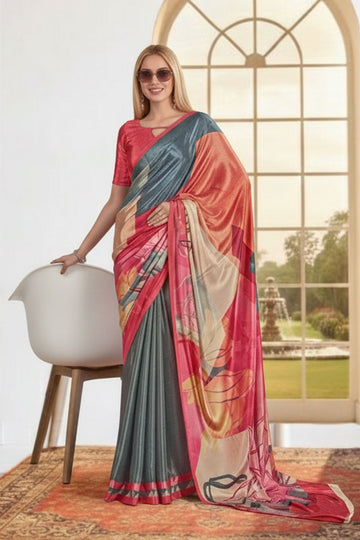 Grey & Multi-Colour Printed Saree with Blouse | Elegant Indian Ethnic Wear UK