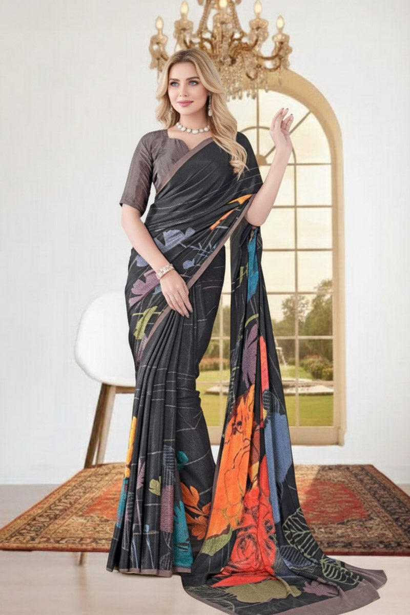 Black Printed Saree with Artistic Multi-Color Patterns