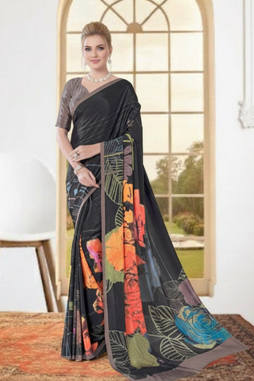 Black Printed Saree with Artistic Multi-Color Patterns