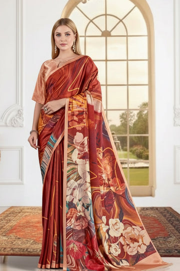 Red & Multi-Colour Printed Saree with Blouse | Indian Ethnic Wear UK