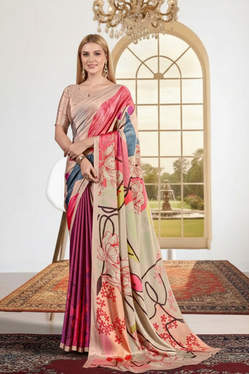 Beige & Multicolour Saree with Blouse | Indian Fashion UK