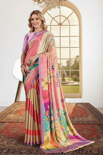 Modern Lavender & Multi-Colour Printed Saree with Statement Drape