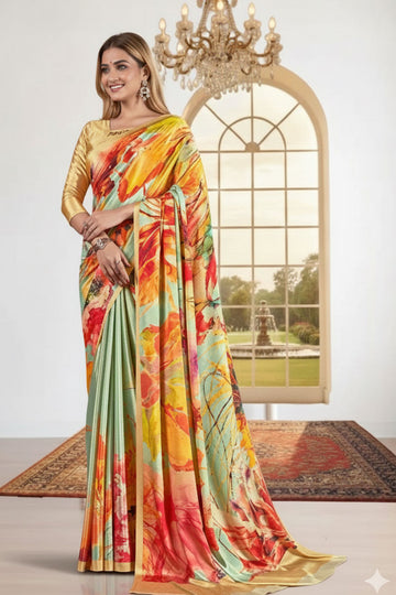 Contemporary Gold Printed Saree with Vibrant Colour Accents