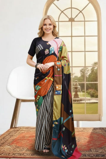 Premium Digital Print Silk Crepe Saree – Multicolour