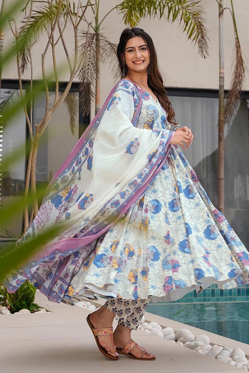 White Bloom Floral Anarkali Set | Elegant Summer Ethnic Wear UK RTI