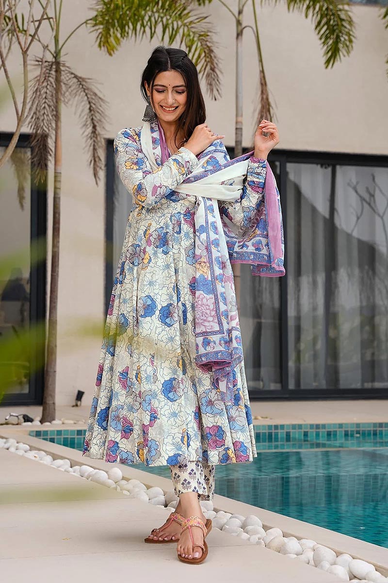 White Bloom Floral Anarkali Set | Elegant Summer Ethnic Wear UK RTI