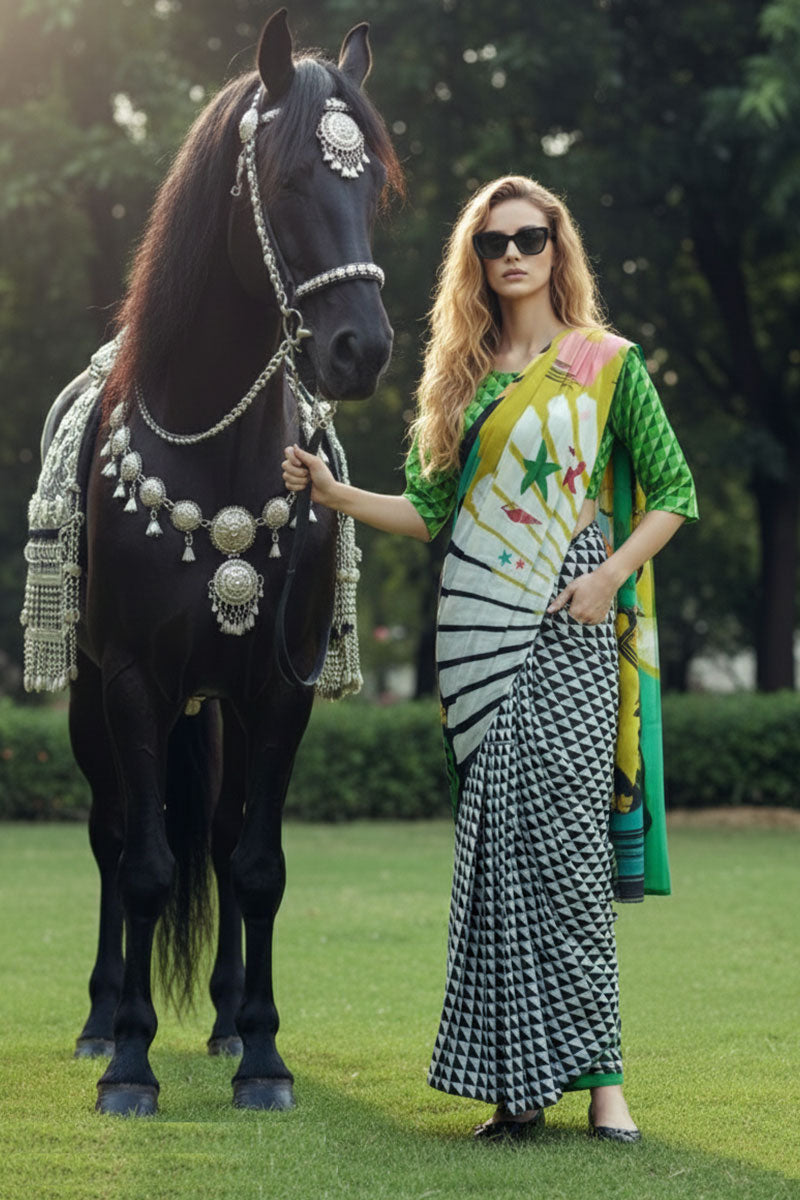 Multi Color-Printed Ready-to-Wear Saree Set with Scarf PR