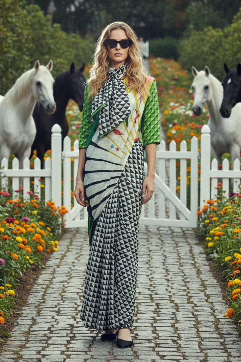 Multi Color-Printed Ready-to-Wear Saree Set with Scarf PR