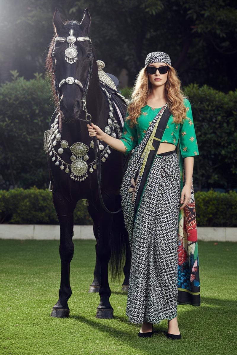 Polka & Wild – Statement Silk Crepe Multi Color Saree Set with Scarf PR