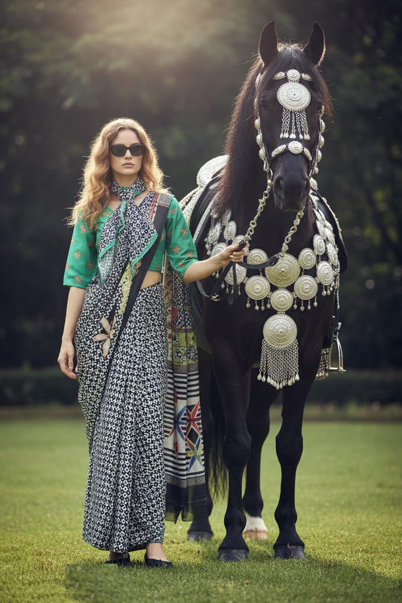 Polka & Wild – Statement Silk Crepe Multi Color Saree Set with Scarf PR