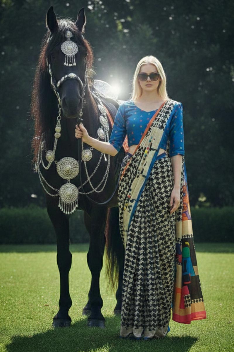 Rural Runway – Designer Pre-Draped Silk Crepe Saree with Scarf PR