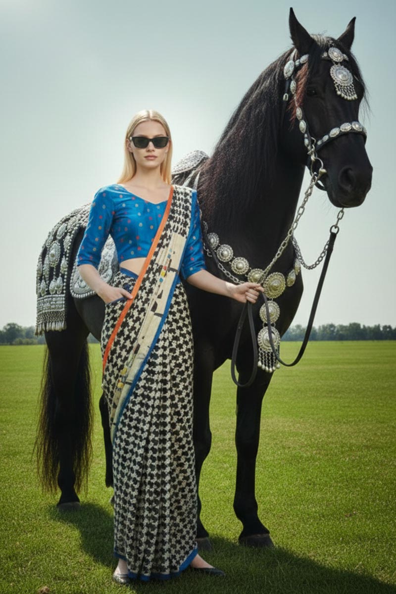 Rural Runway – Designer Pre-Draped Silk Crepe Saree with Scarf PR