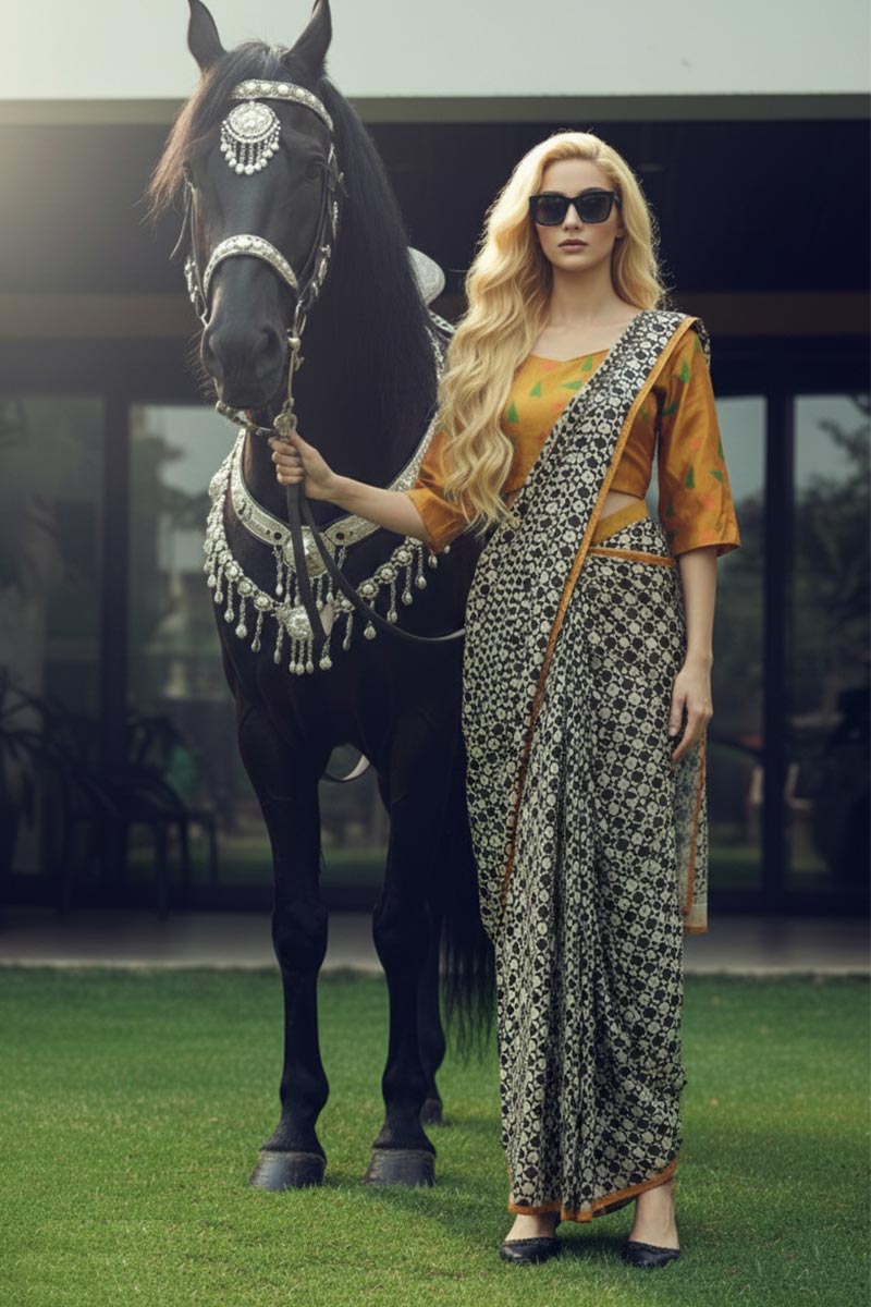 Eclectic Grace – Multi-Print Ready Saree with Stitched Blouse & Scarf PR