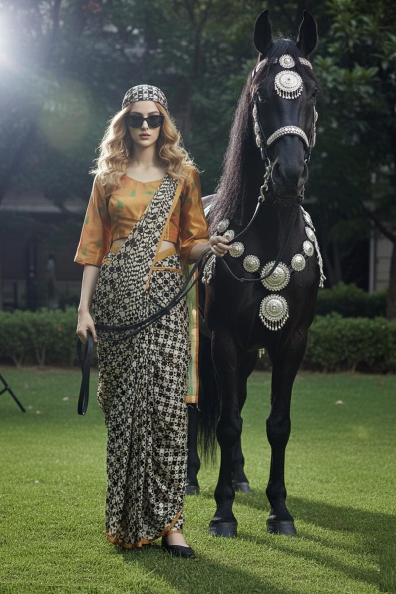 Eclectic Grace – Multi-Print Ready Saree with Stitched Blouse & Scarf PR