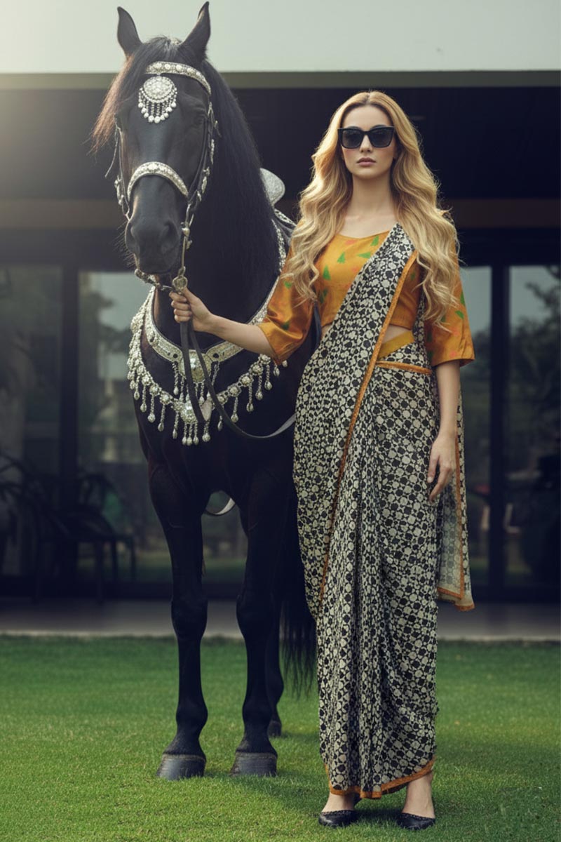 Eclectic Grace – Multi-Print Ready Saree with Stitched Blouse & Scarf PR