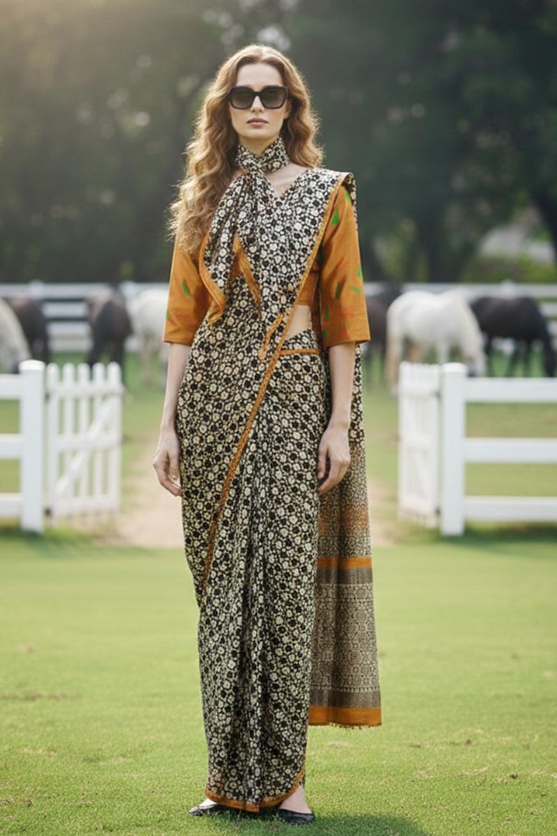 Eclectic Grace – Multi-Print Ready Saree with Stitched Blouse & Scarf PR