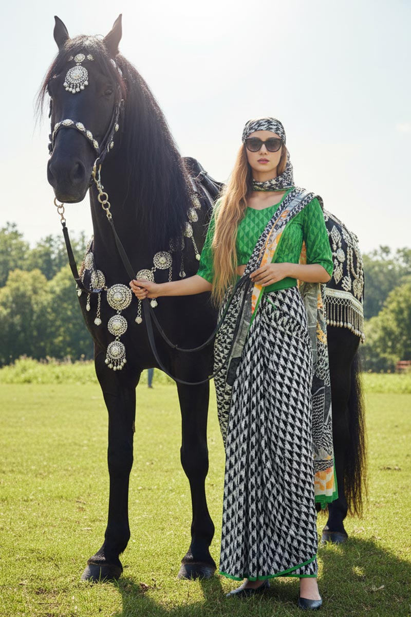 Heritage Remix – Modern Multi-Colour Crepe Saree & Blouse with Scarf PR