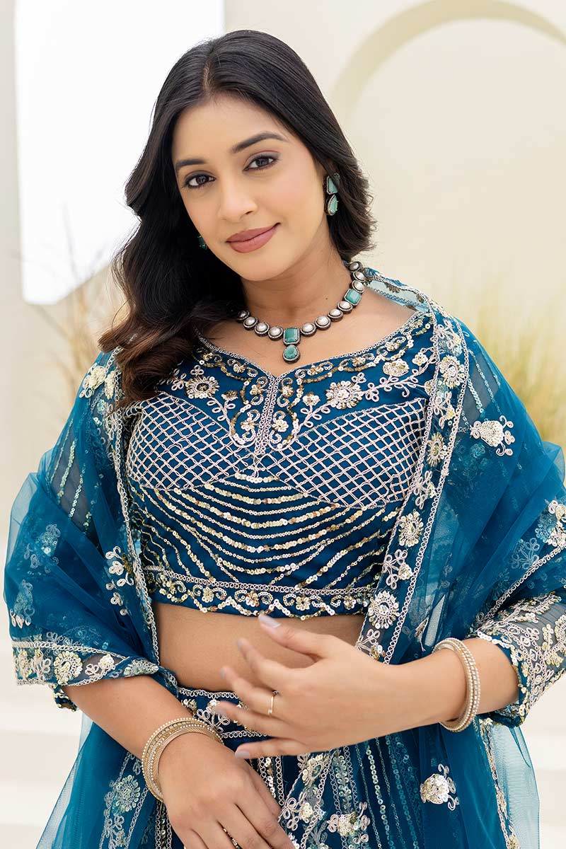 Royal Teal  Butterfly Net Lehenga Choli UK | Heavy Gold Embroidery PR