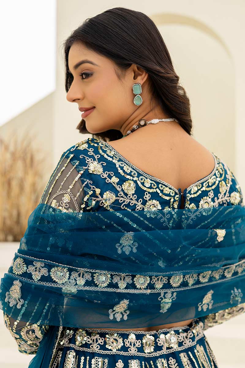 Royal Teal  Butterfly Net Lehenga Choli UK | Heavy Gold Embroidery PR