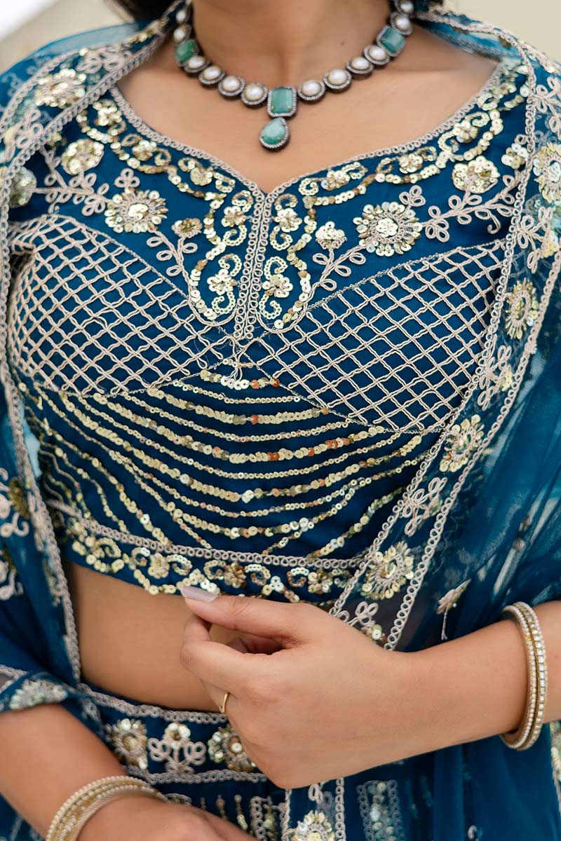 Royal Teal  Butterfly Net Lehenga Choli UK | Heavy Gold Embroidery PR