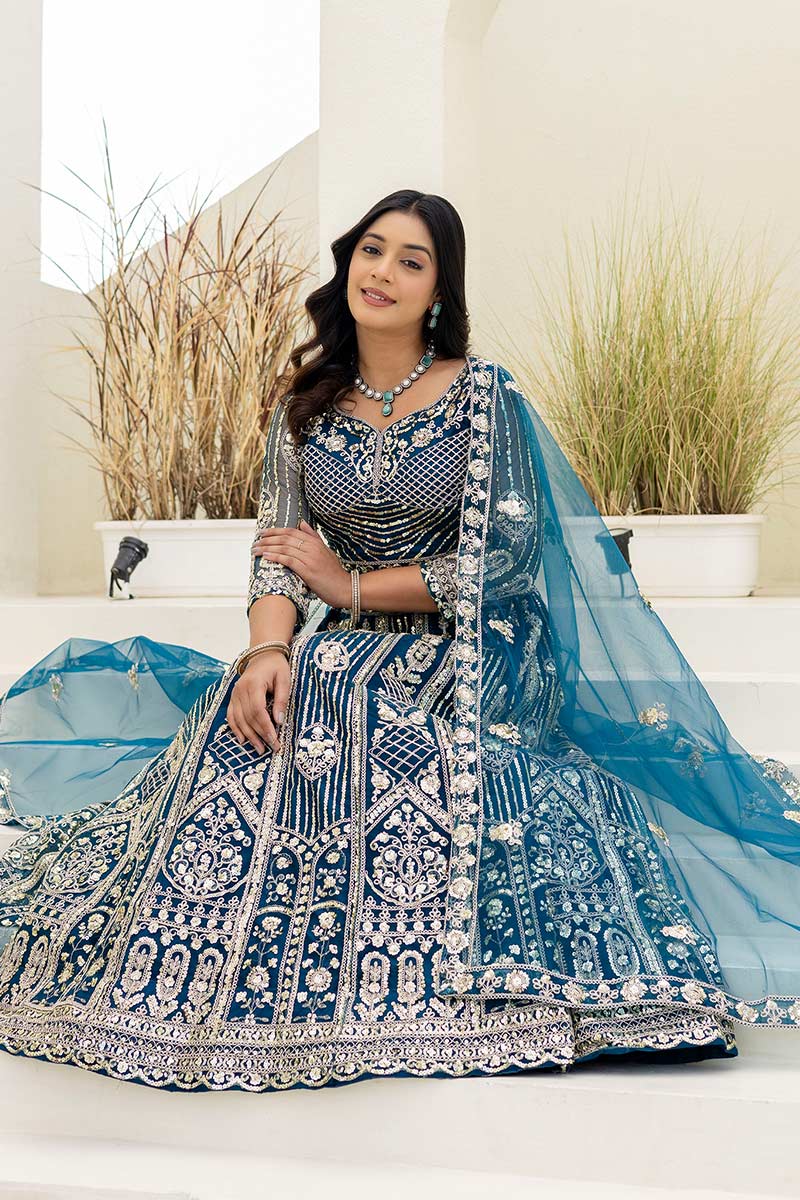 Royal Teal  Butterfly Net Lehenga Choli UK | Heavy Gold Embroidery PR