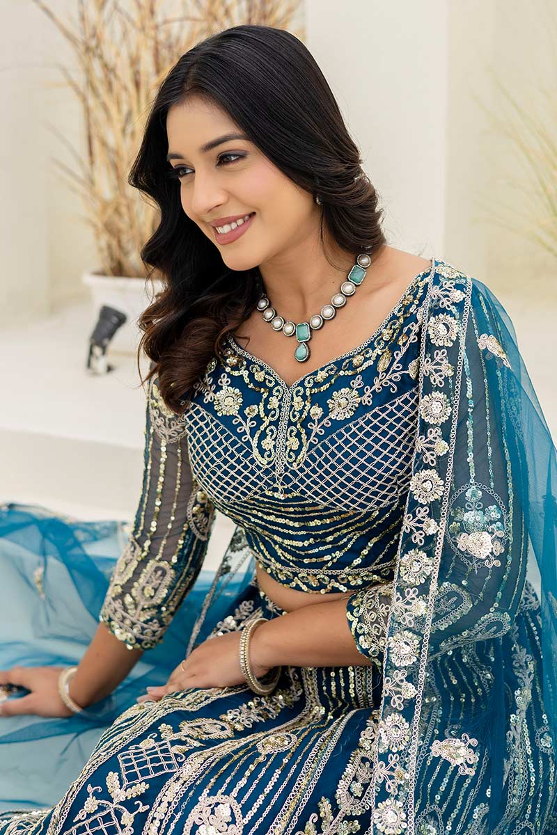 Royal Teal  Butterfly Net Lehenga Choli UK | Heavy Gold Embroidery PR