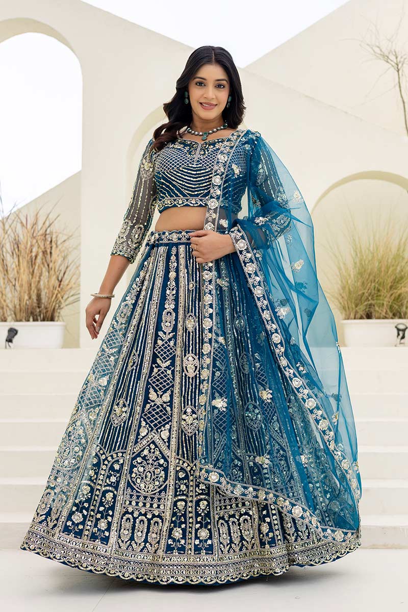Royal Teal  Butterfly Net Lehenga Choli UK | Heavy Gold Embroidery PR